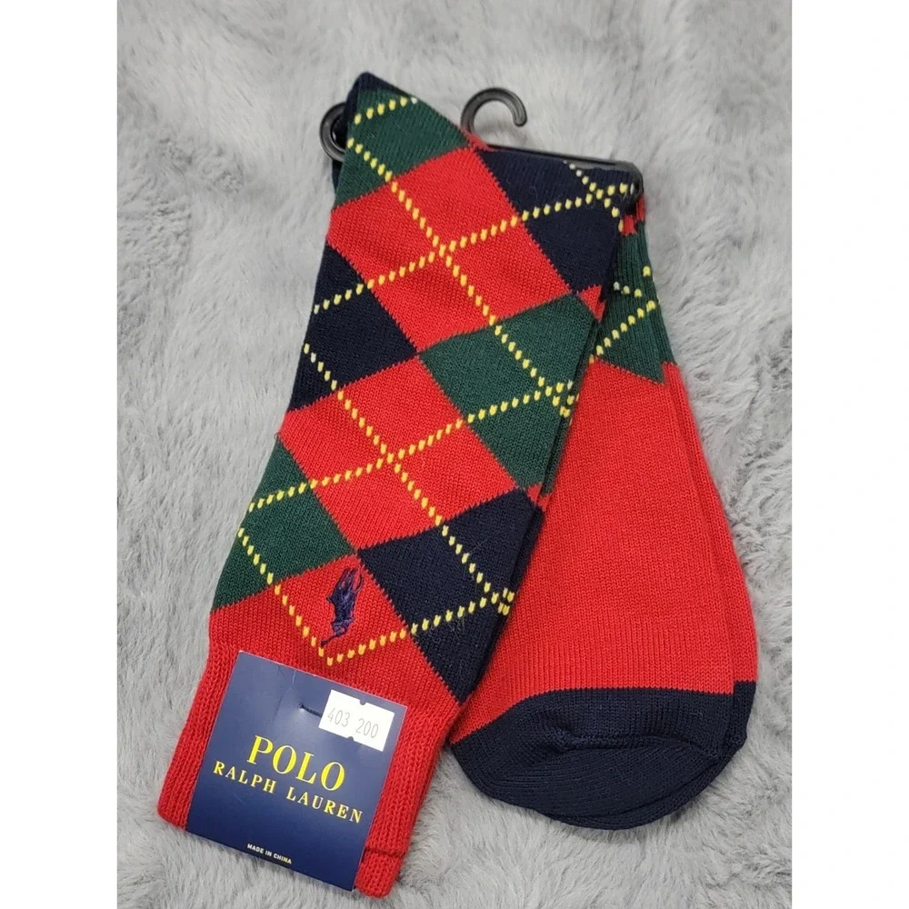 Polo Ralph Lauren Socks Mens 10-13 Red Blue Green Argyle Cotton Crew Pony